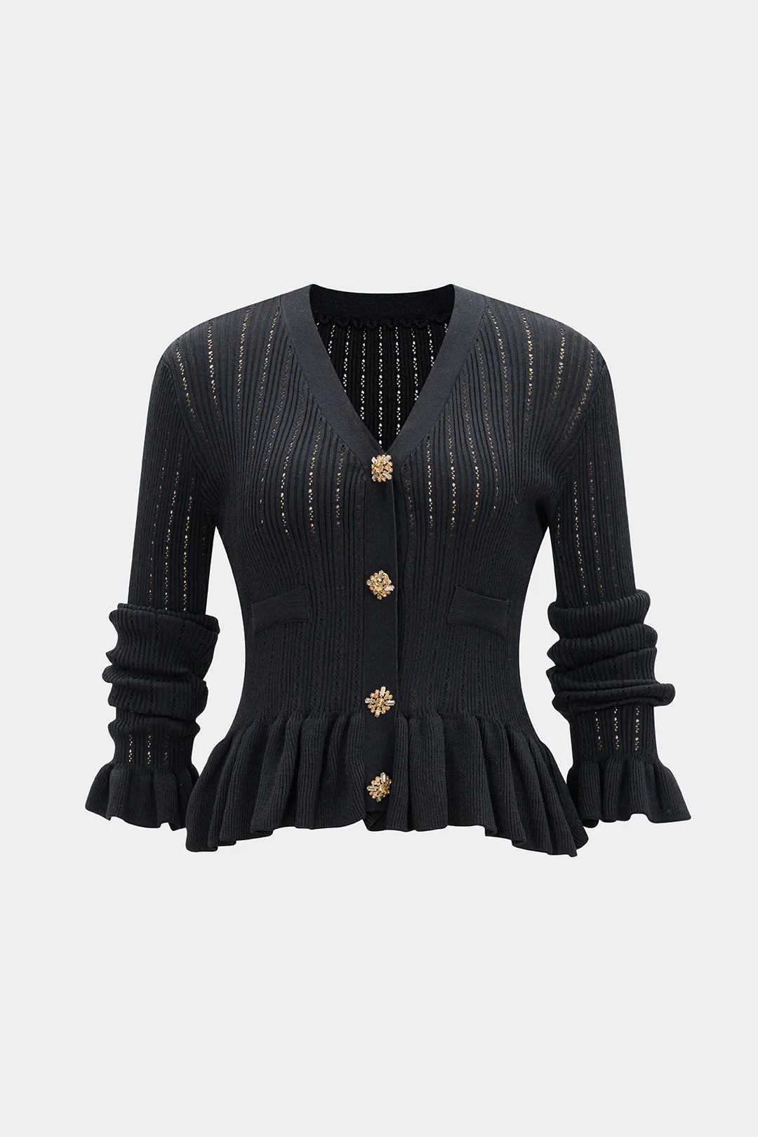 Knit Ruffle V-Neck Metallic Button Cardigan - Weenar