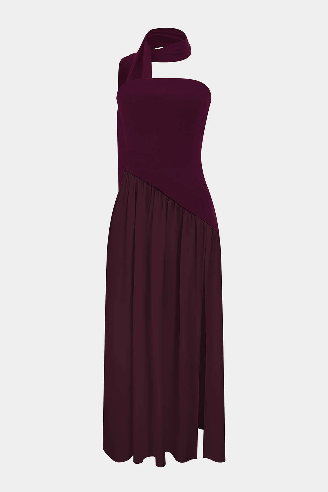 Contrast Satin Ruched Slit Strapless Maxi Dress - Weenar