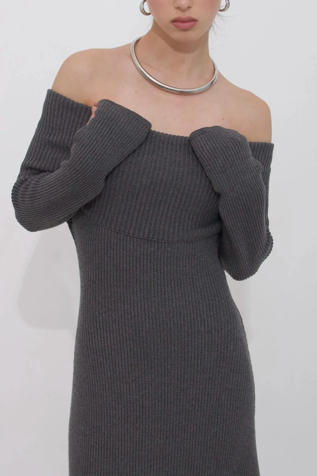 Knit Off-Shoulder Long Sleeve Dress - Weenar