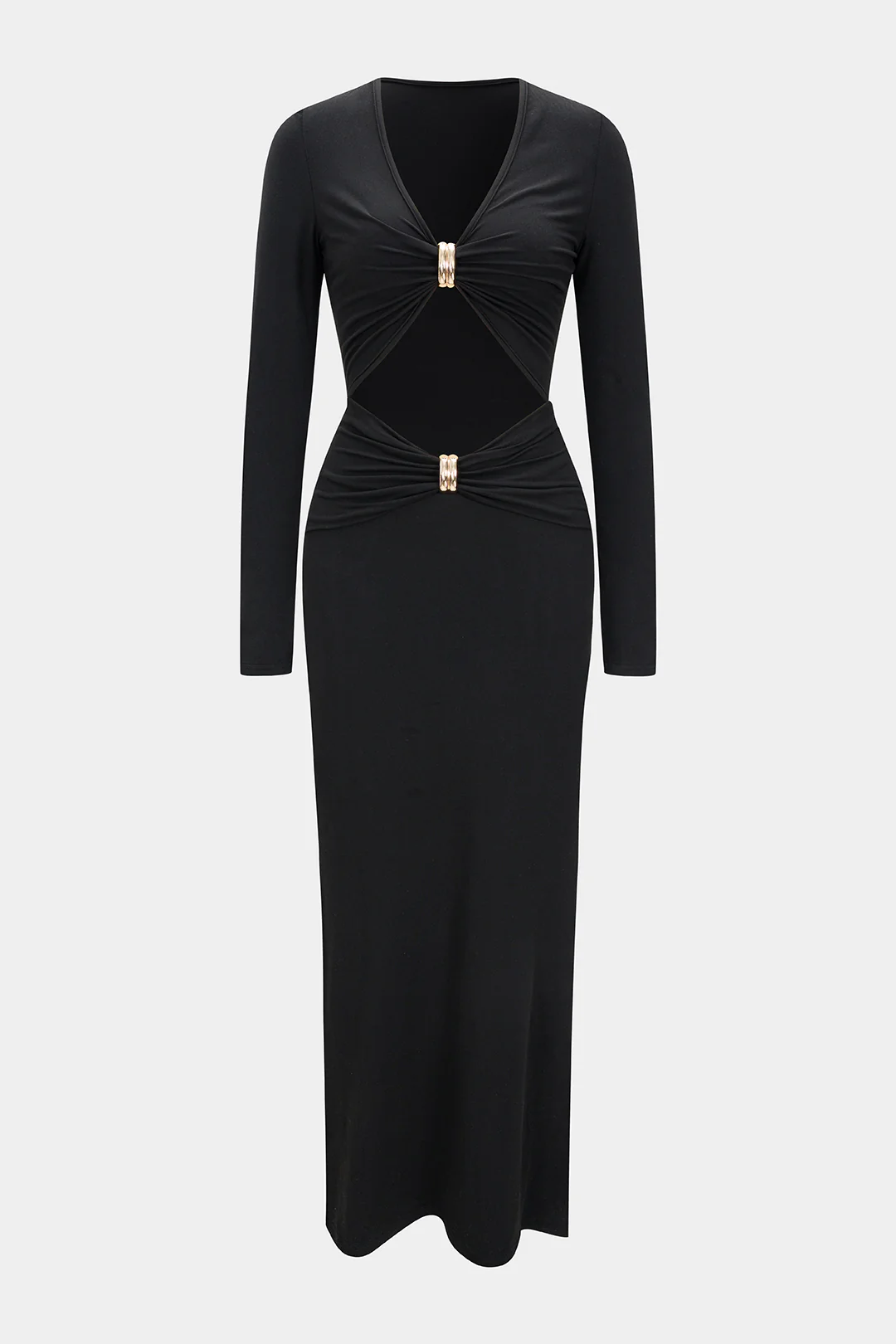 Metallic Decor V-Neck Cut Out Long Sleeve Maxi Dress - Weenar