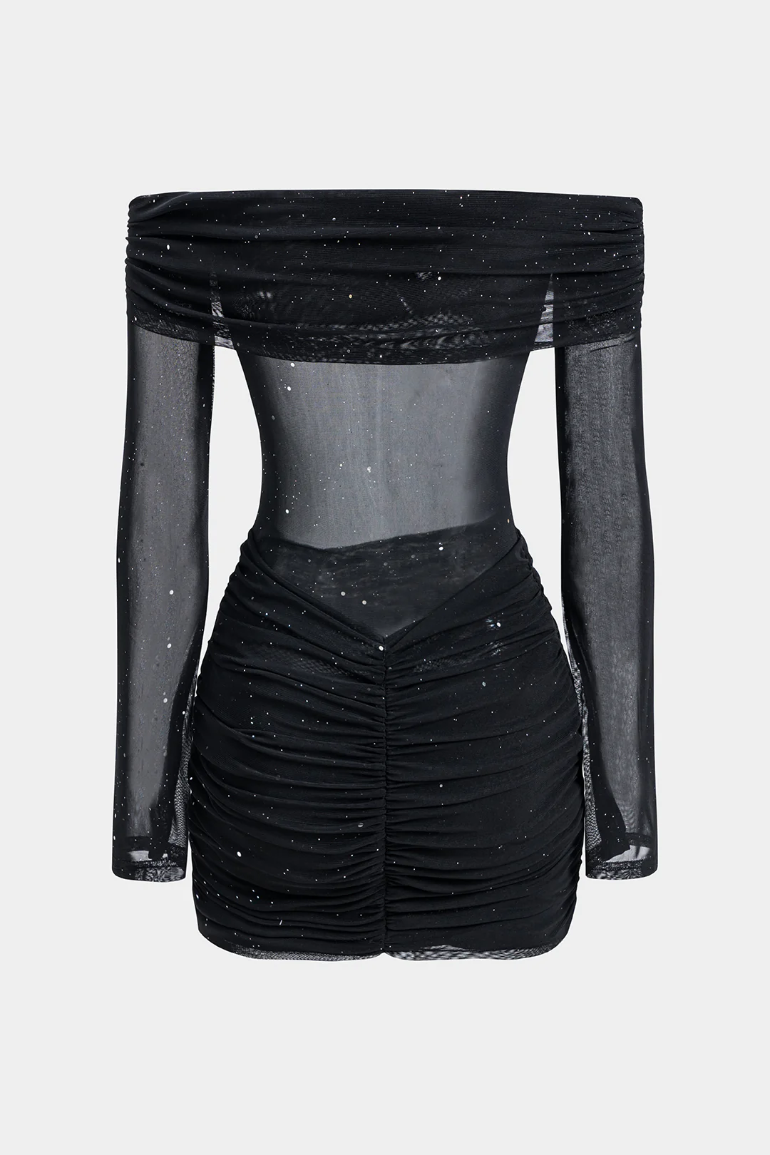 Off Shoulder Ruched Long Sleeve Mini Dress - Weenar