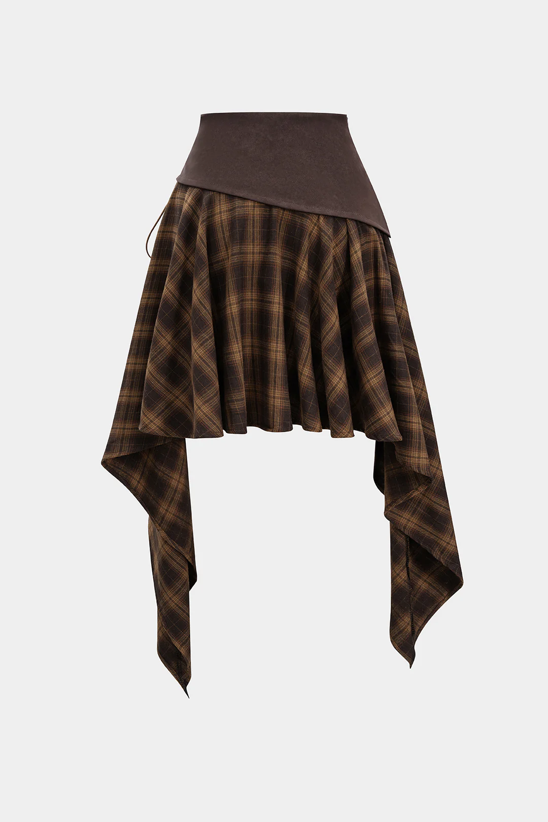 Plaid Print Faux Leather Patchwork Tie-Up Skirt - Weenar