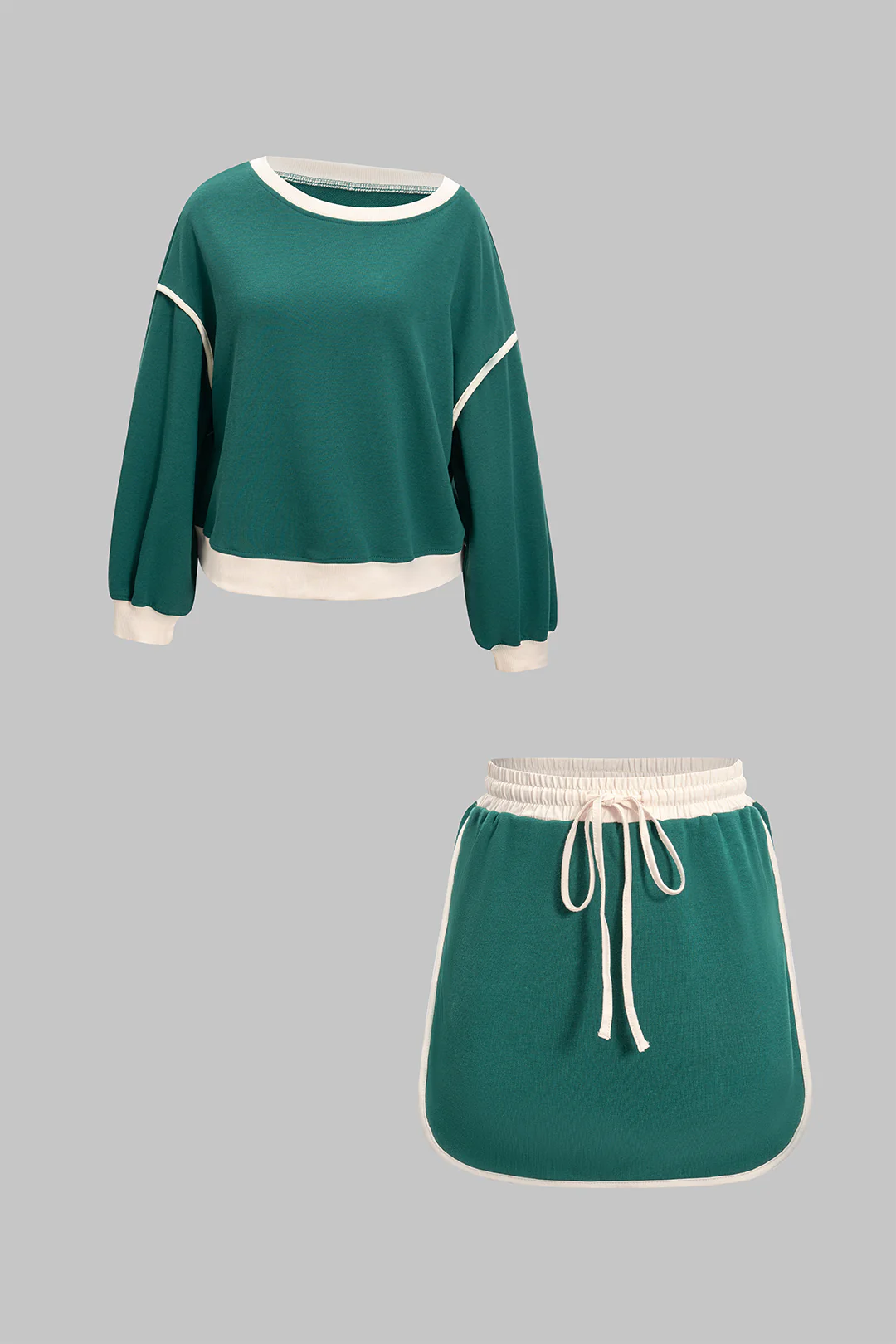 Contrast Binding Long-Sleeve Top And Drawstring Skirt Set - Weenar