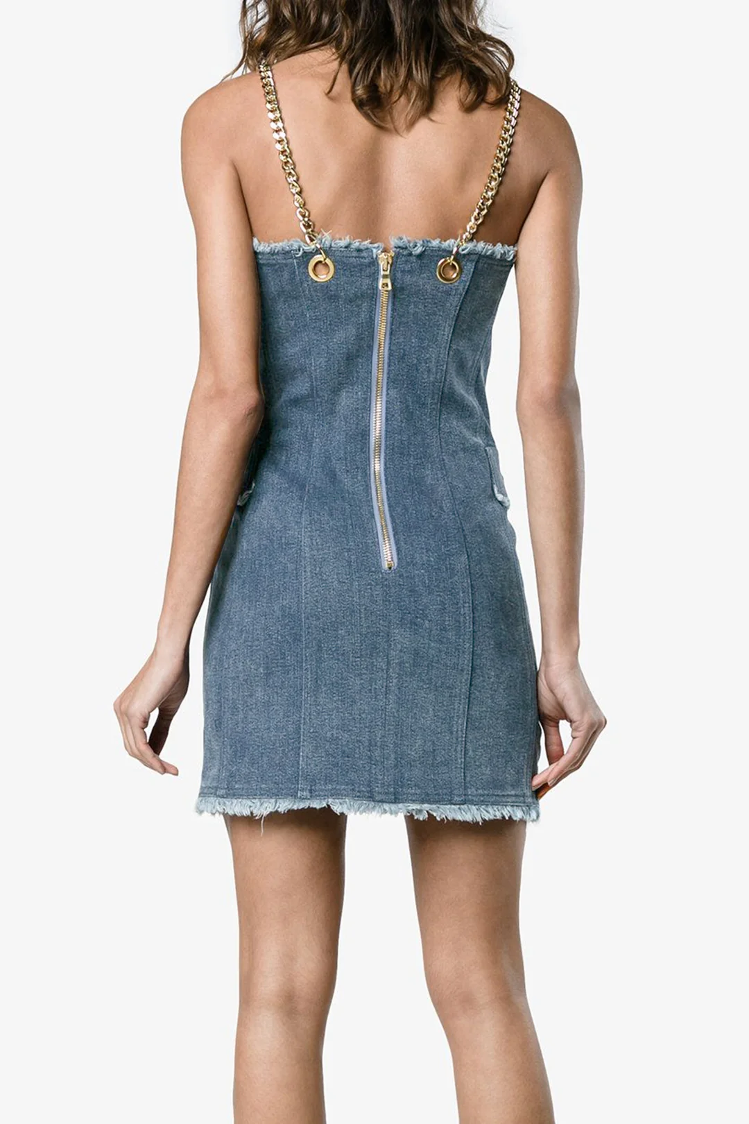 Denim Metallic Chain V-Neck Button Frayed Zipper Sleeveless Dress - Weenar