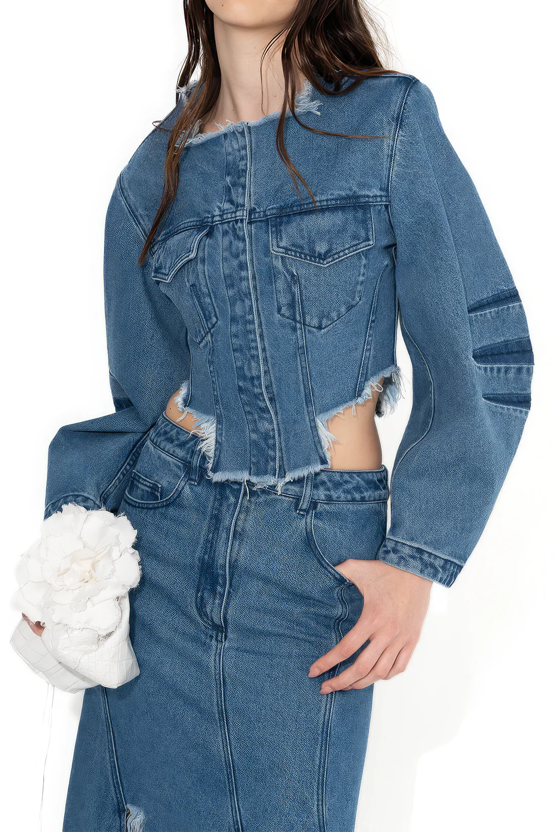 Denim Patchwork Button Round Neck Pocket Outerwear - Weenar
