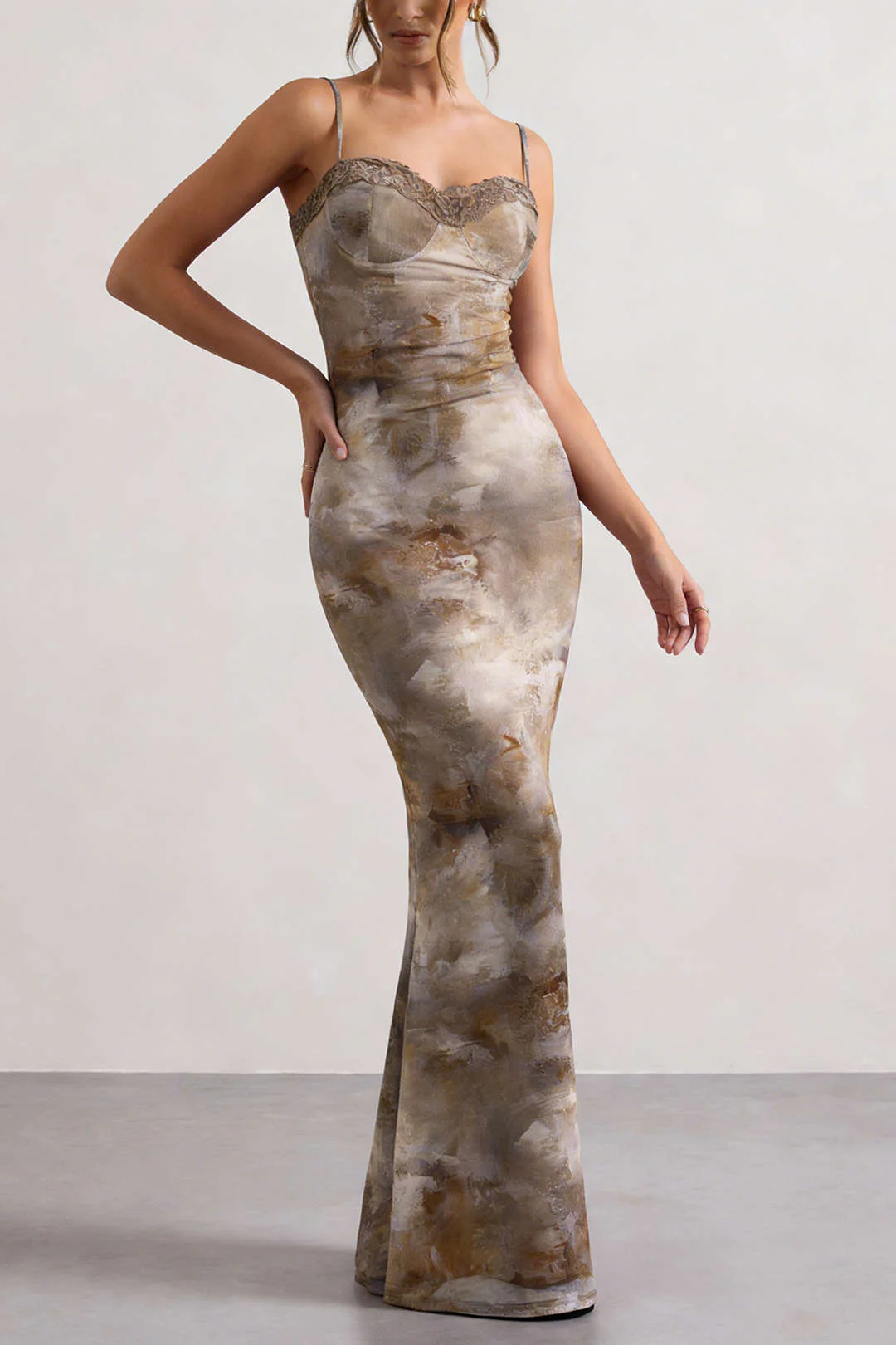 Abstract Print Patchwork Lace Trim Bustier Sleeveless Maxi Dress - Weenar
