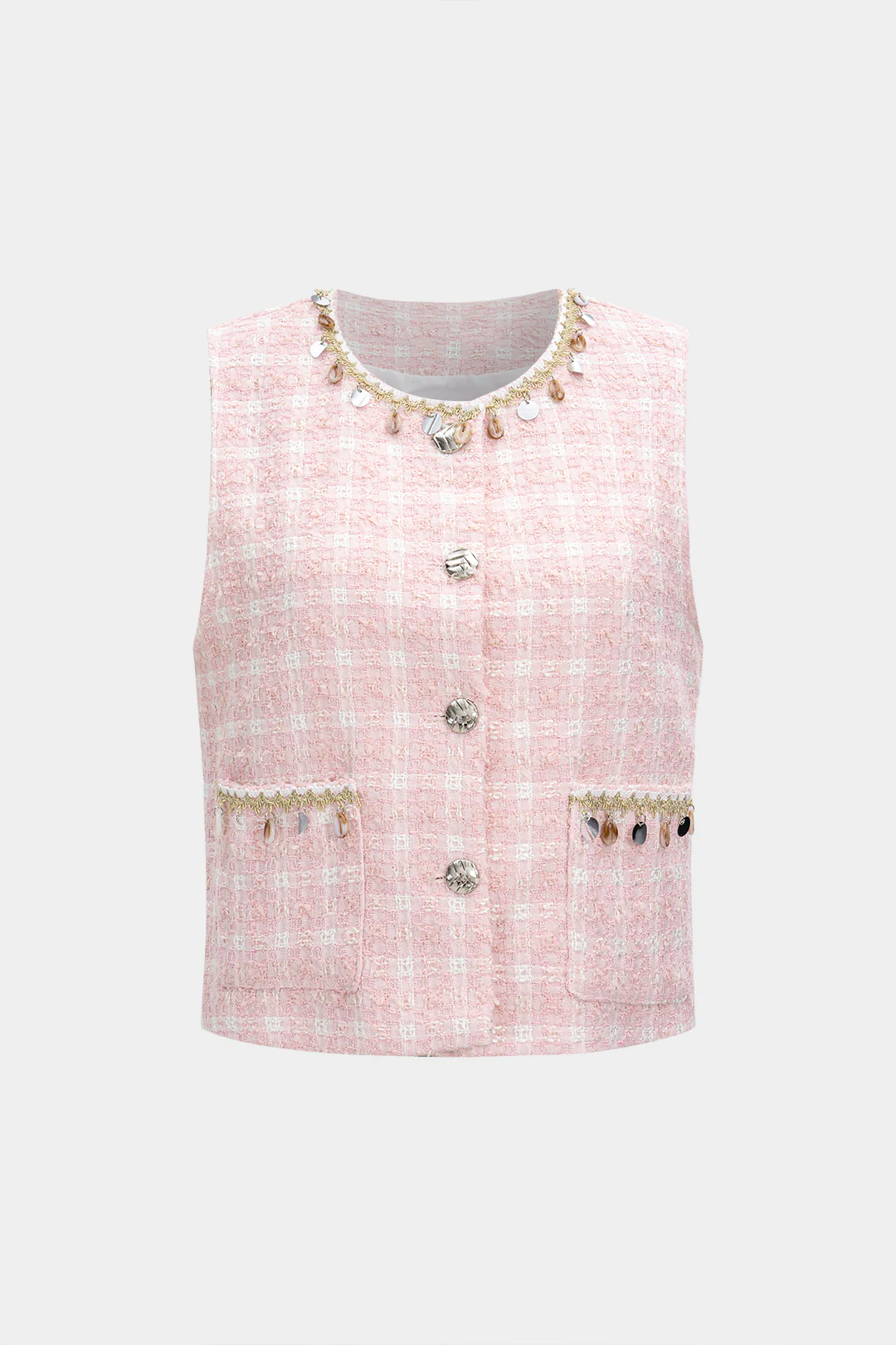 Plaid Print Fringe Trim Button Vest - Weenar