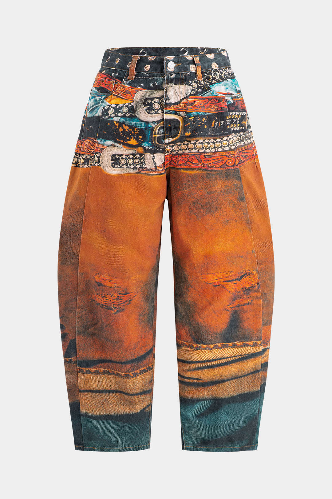 Plus Size Abstract Print Denim Zipper Detail High Waist Barrel Pants - Weenar