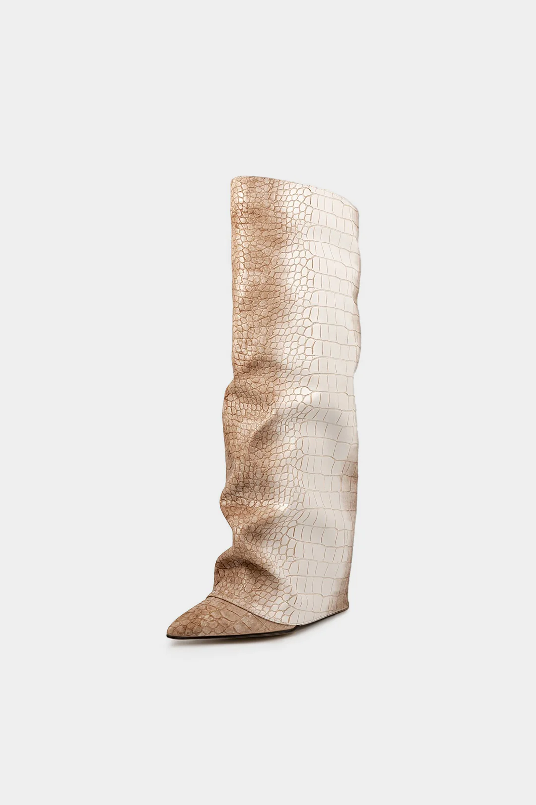 Ombre Crocodile Skin Leather Ruched Zipper Pointed Mid Calf Boots - Weenar
