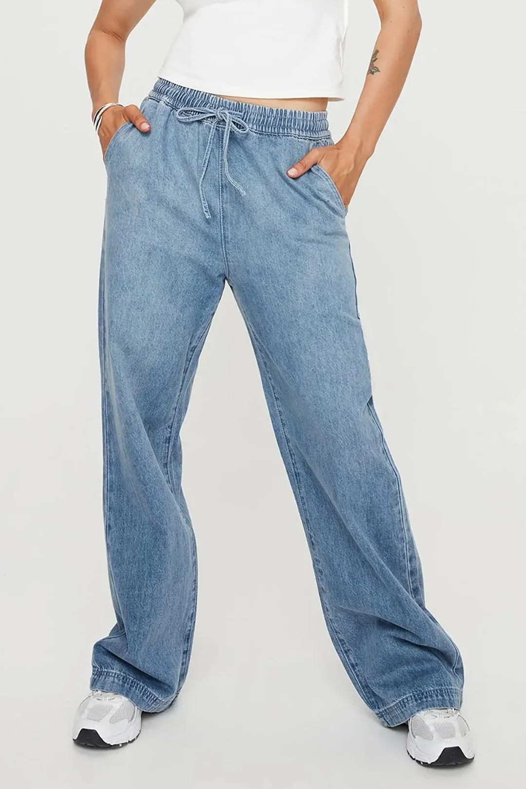Denim Pocket Drawstring Tie Up Wide Leg Jeans - Weenar