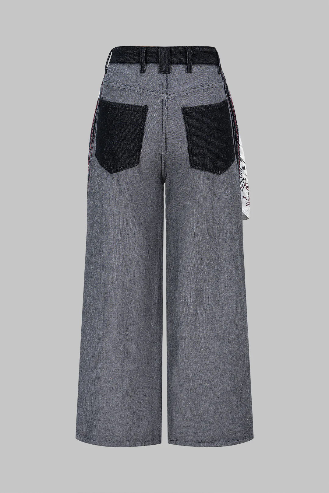 Denim Artistic Print Patchwork Button Pocket Wide Leg Jeans - Weenar