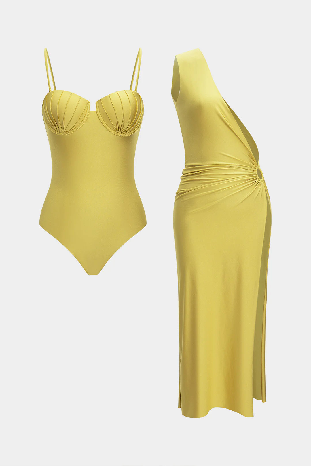 Solid One Shoulder Asymmetrical Ruched Cut Out Bikini Set - Weenar
