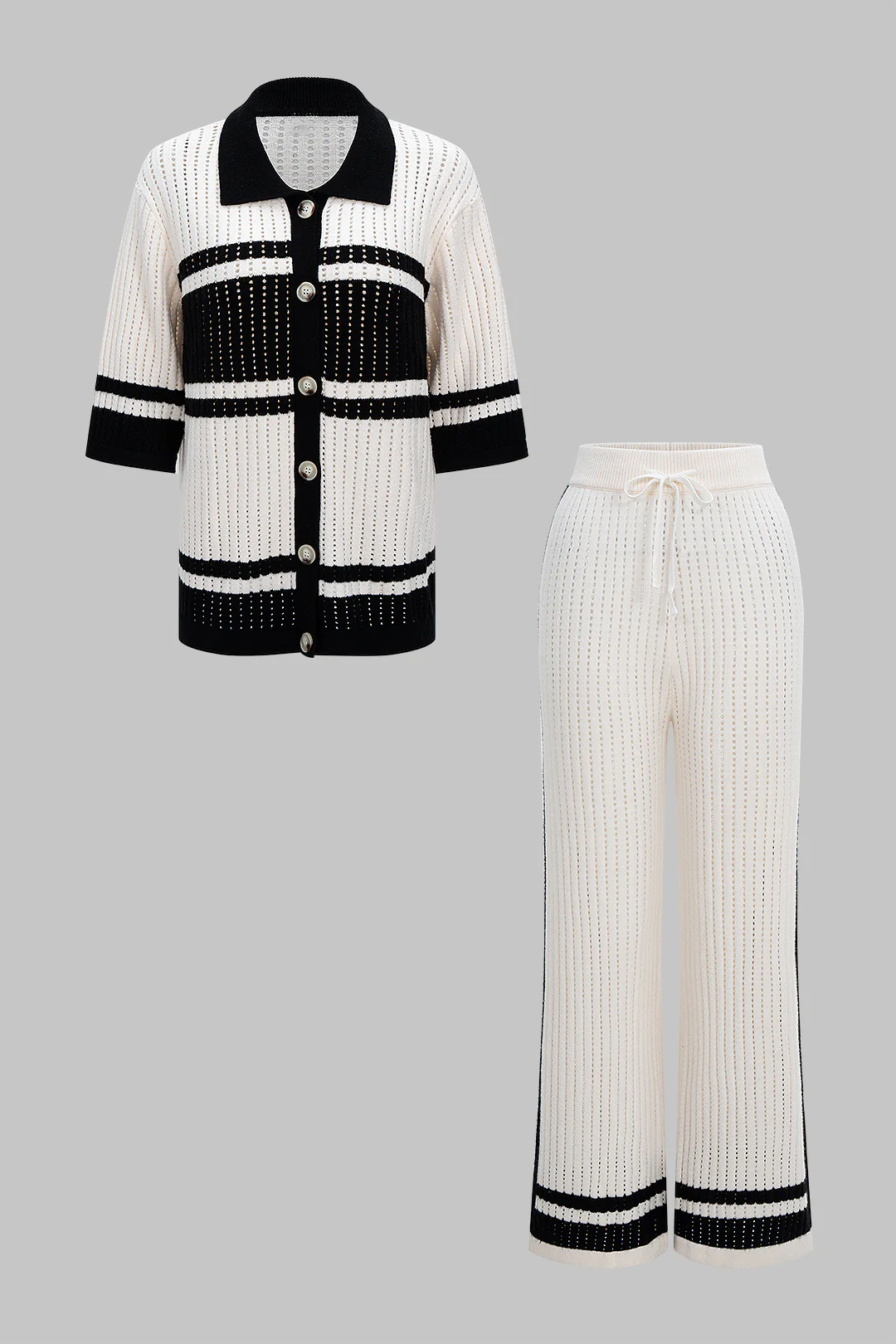 Knit Contrast Hollow Out Lapel Top And Drawstring Wide Leg Pants Set - Weenar