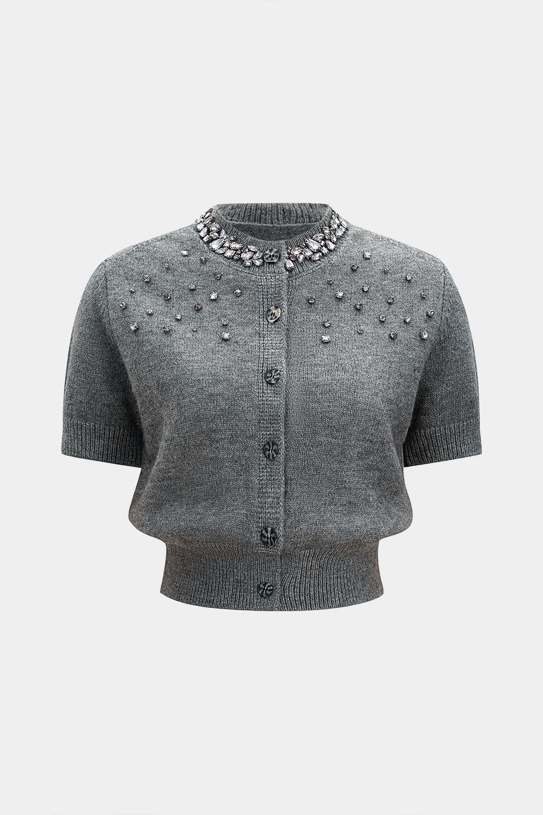 Knit Rhinestone Decor Round Neck Button Short-Sleeve Top - Weenar