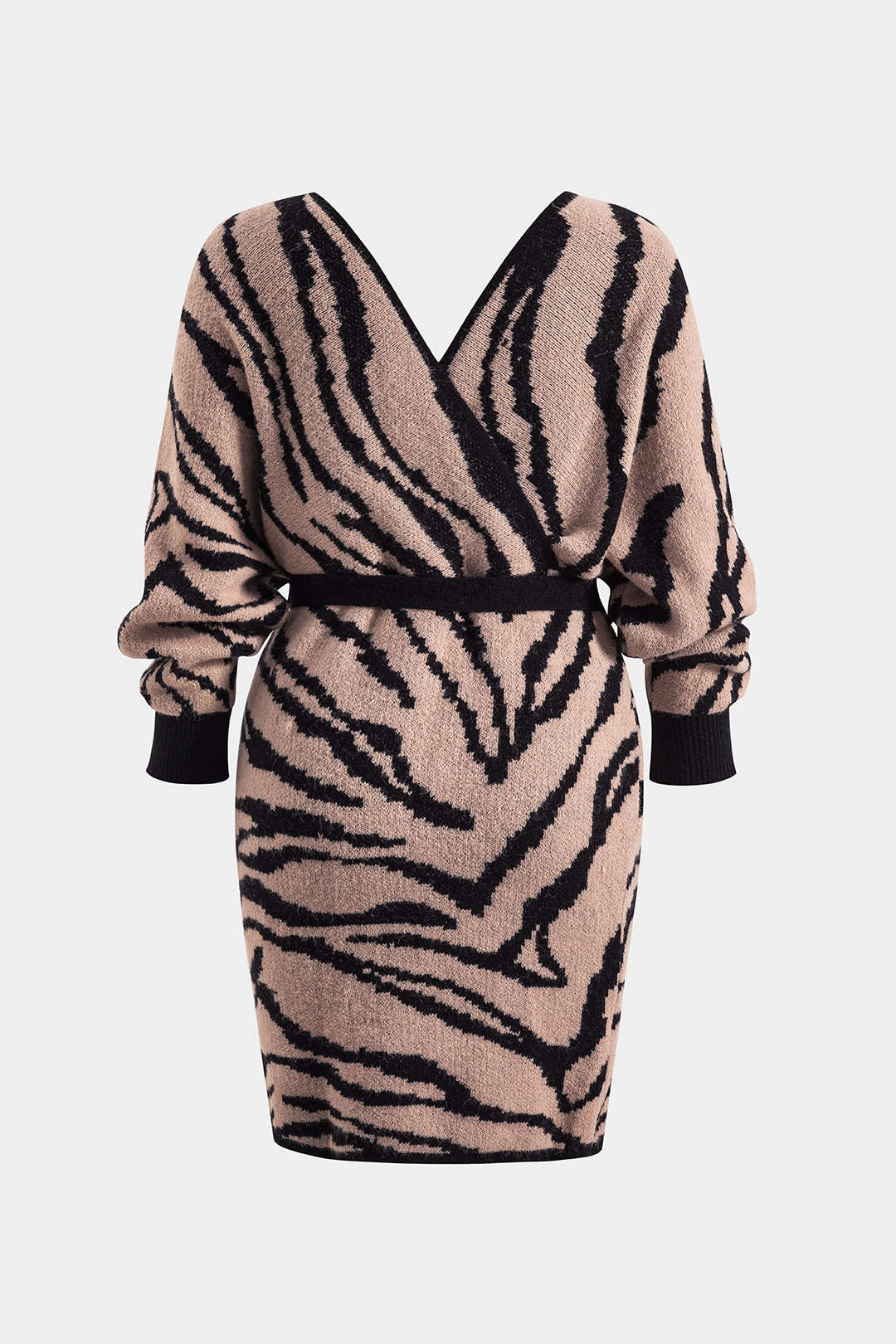 Plus Size Zebra Stripe Print Knit Tie-Up Crossed Long Sleeve Dress - Weenar