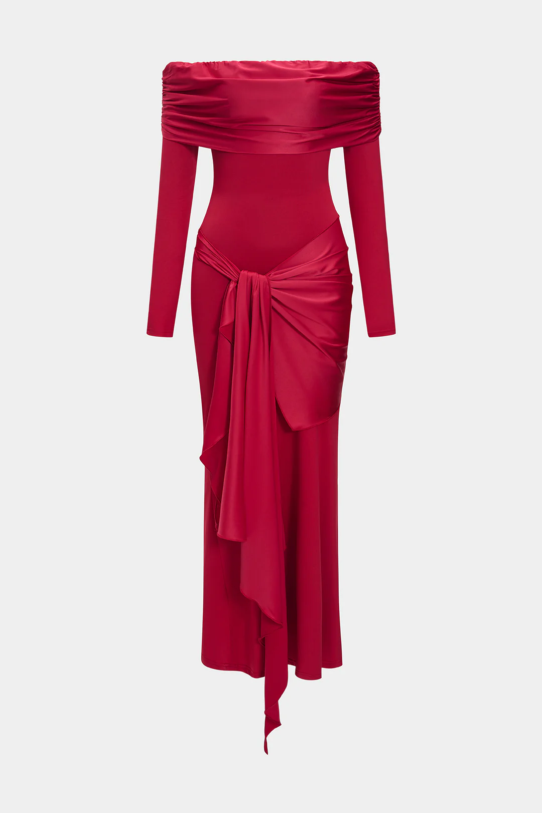 Off Shoulder Ruched Knotted Long-Sleeve Maxi Dress - Weenar
