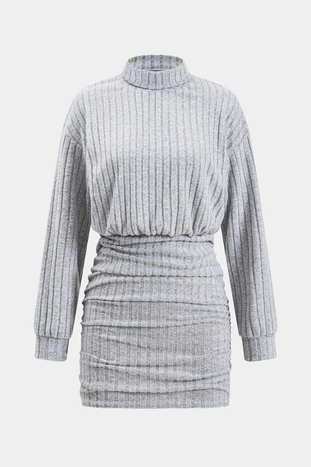 Ruched Ribbed High Neck Long Sleeve Mini Dress - Weenar