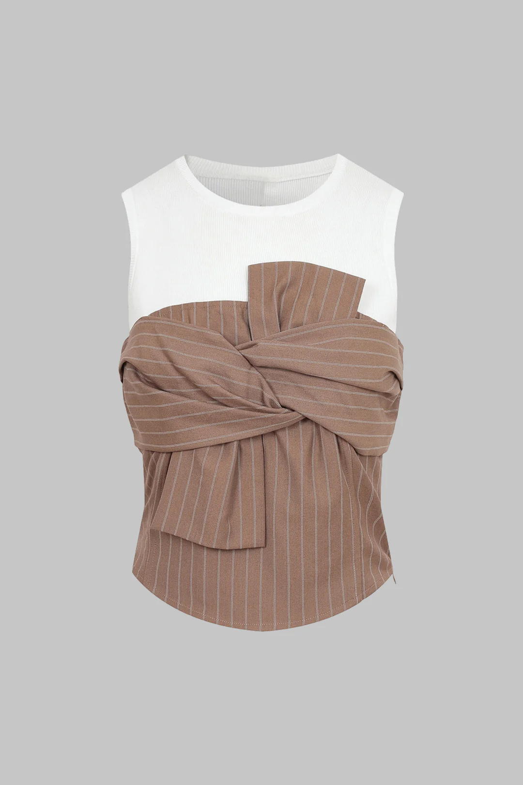 Patchwork Striped Round Neck Knotted Smocked Tank Top - Weenar