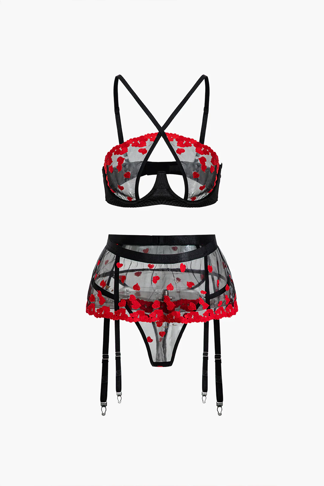 Embroidery Print Crossed Three-Pieces Lingerie Garter Set - Weenar