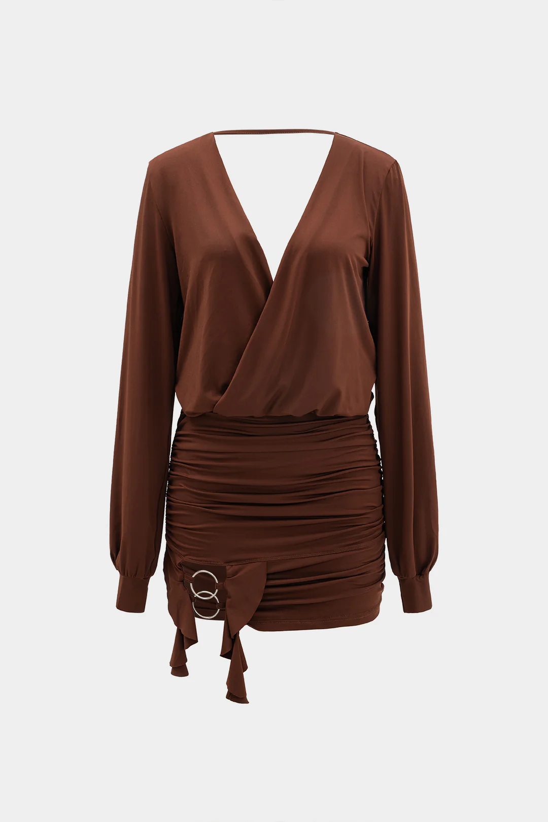Backless Deep V-Neck Crossed Ruched Long Sleeve Mini Dress - Weenar