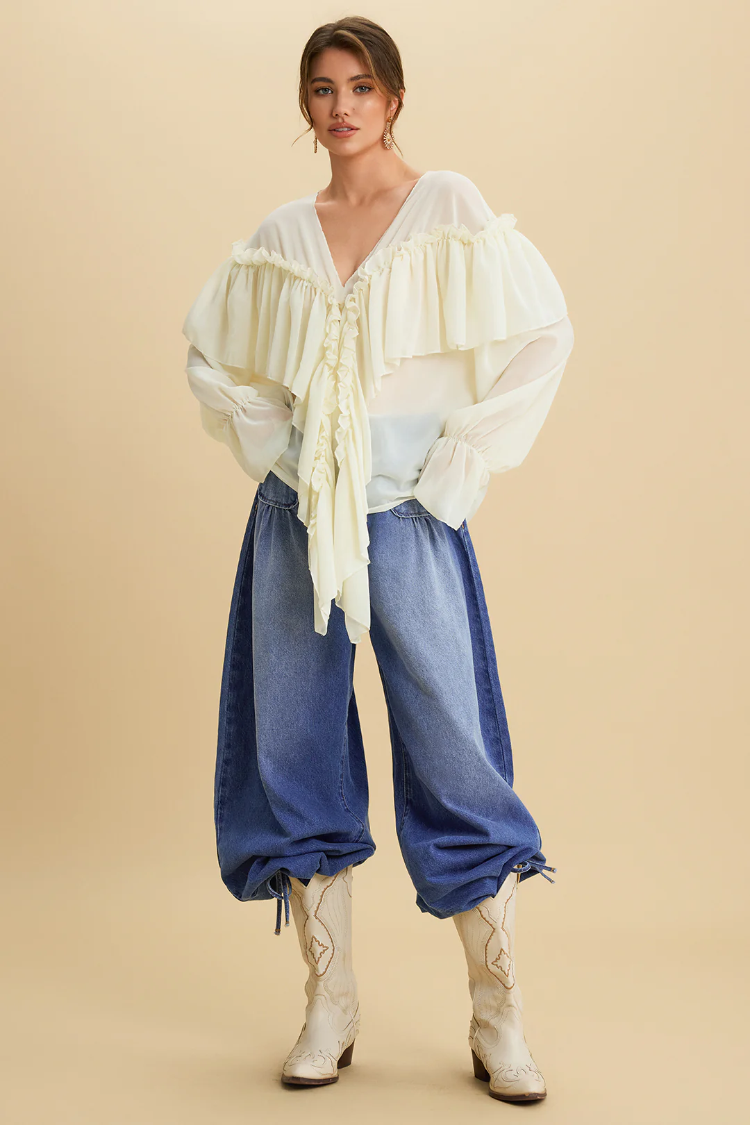 Chiffon Ruffle Ruched Strappy Bell Long-Sleeve Shirt - Weenar