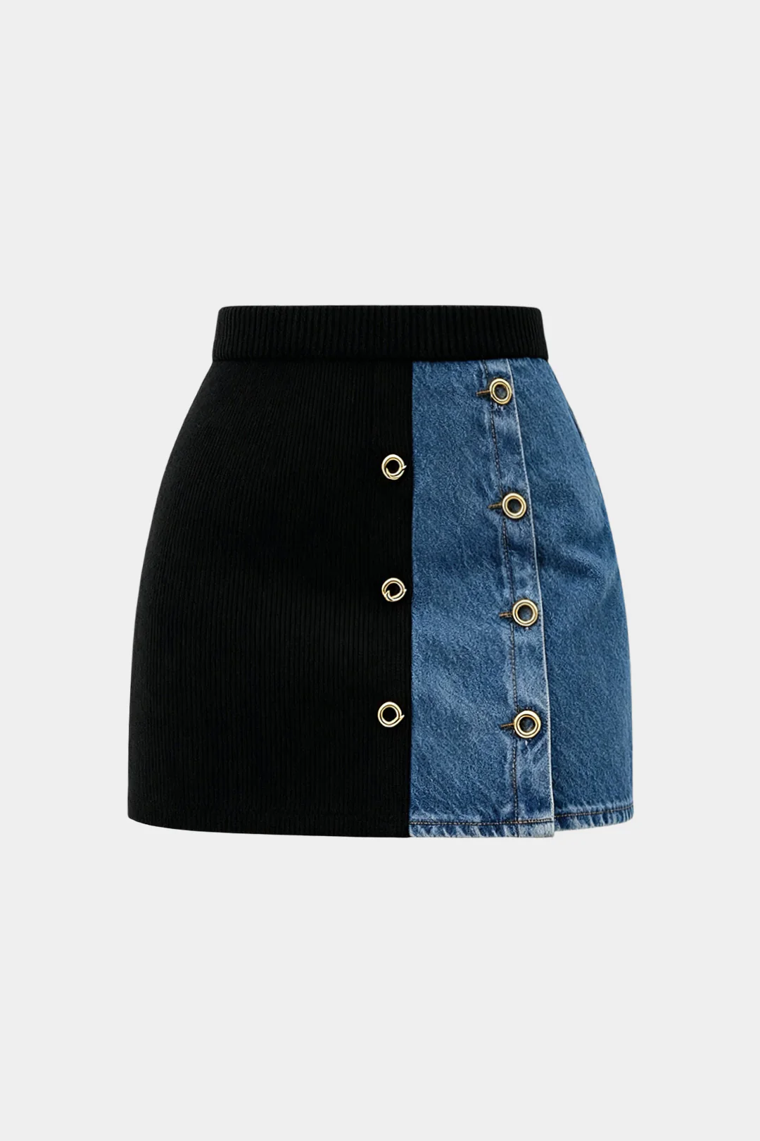 Knit Denim Patchwork Metallic Eyelet Mini Skirt - Weenar