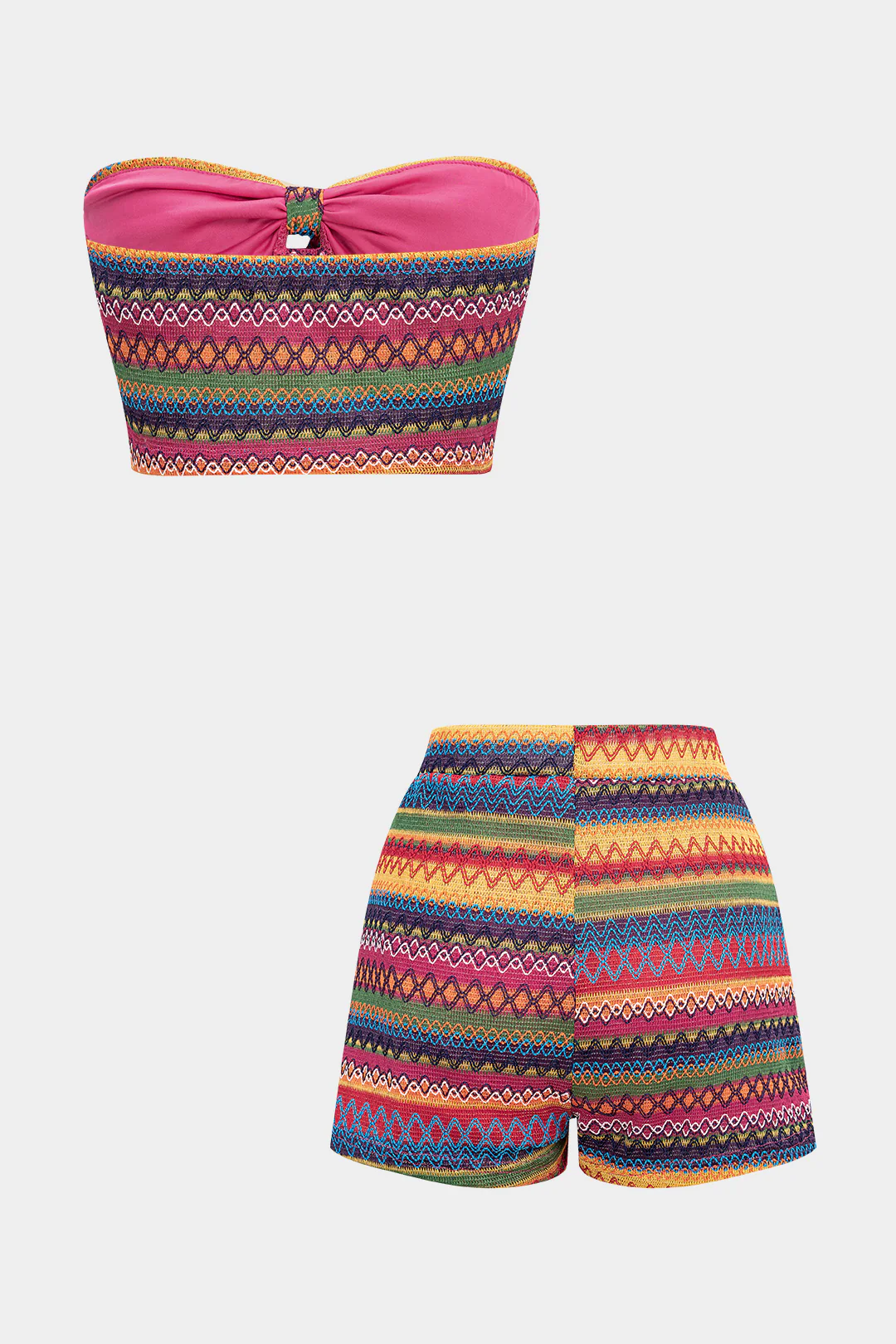 Multicolor Striped Tie Front Cropped Tube Top And High Waist Shorts Set - Weenar