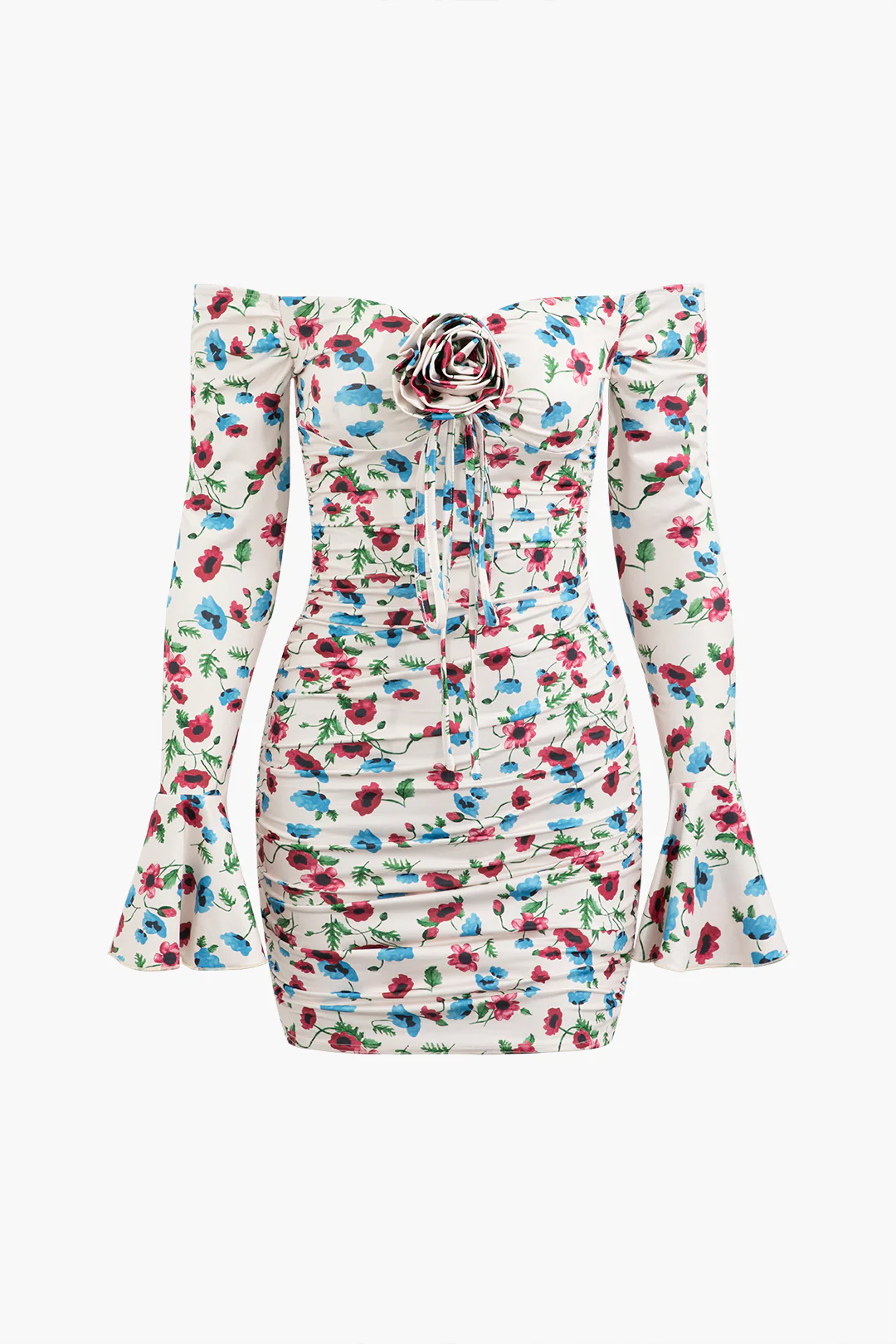 Ditsy Floral Print 3D Flower Decor Ruched Long Sleeve Mini Dress - Weenar