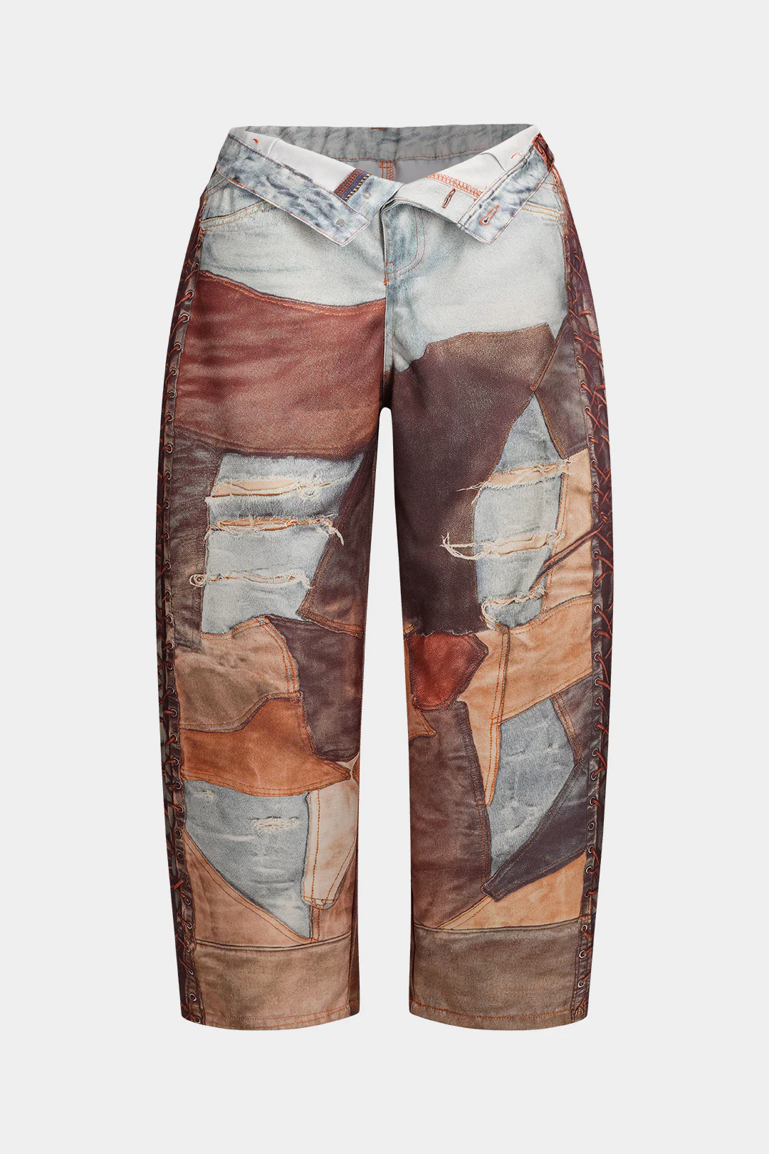 Plus Size Patchwork Button Zipper Pocket Wide Leg Trousers - Weenar