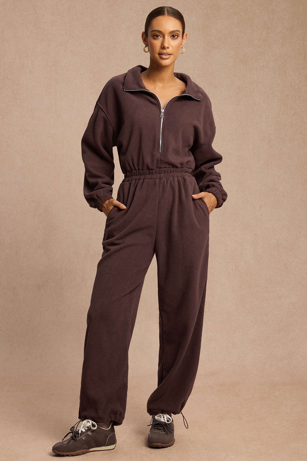 Shirred Drawstring Zipper Long Sleeve Jumpsuit - Weenar