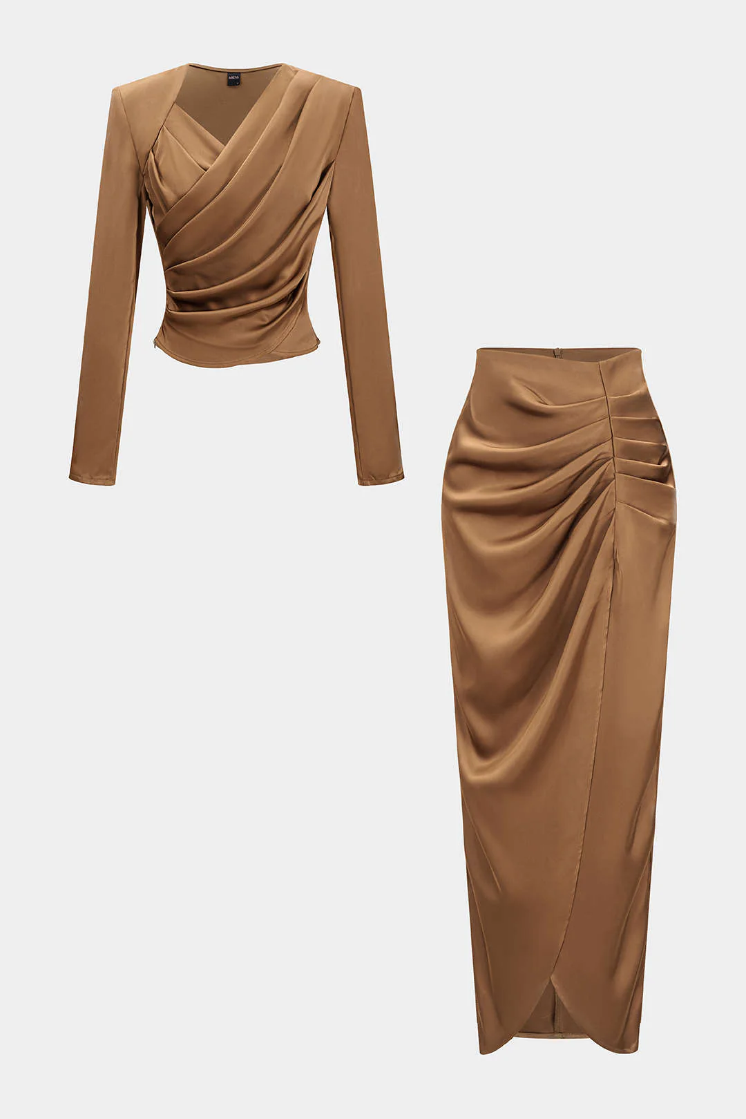 Asymmetrical Neck Ruched Long-Sleeve Top And Skirt Set - Weenar
