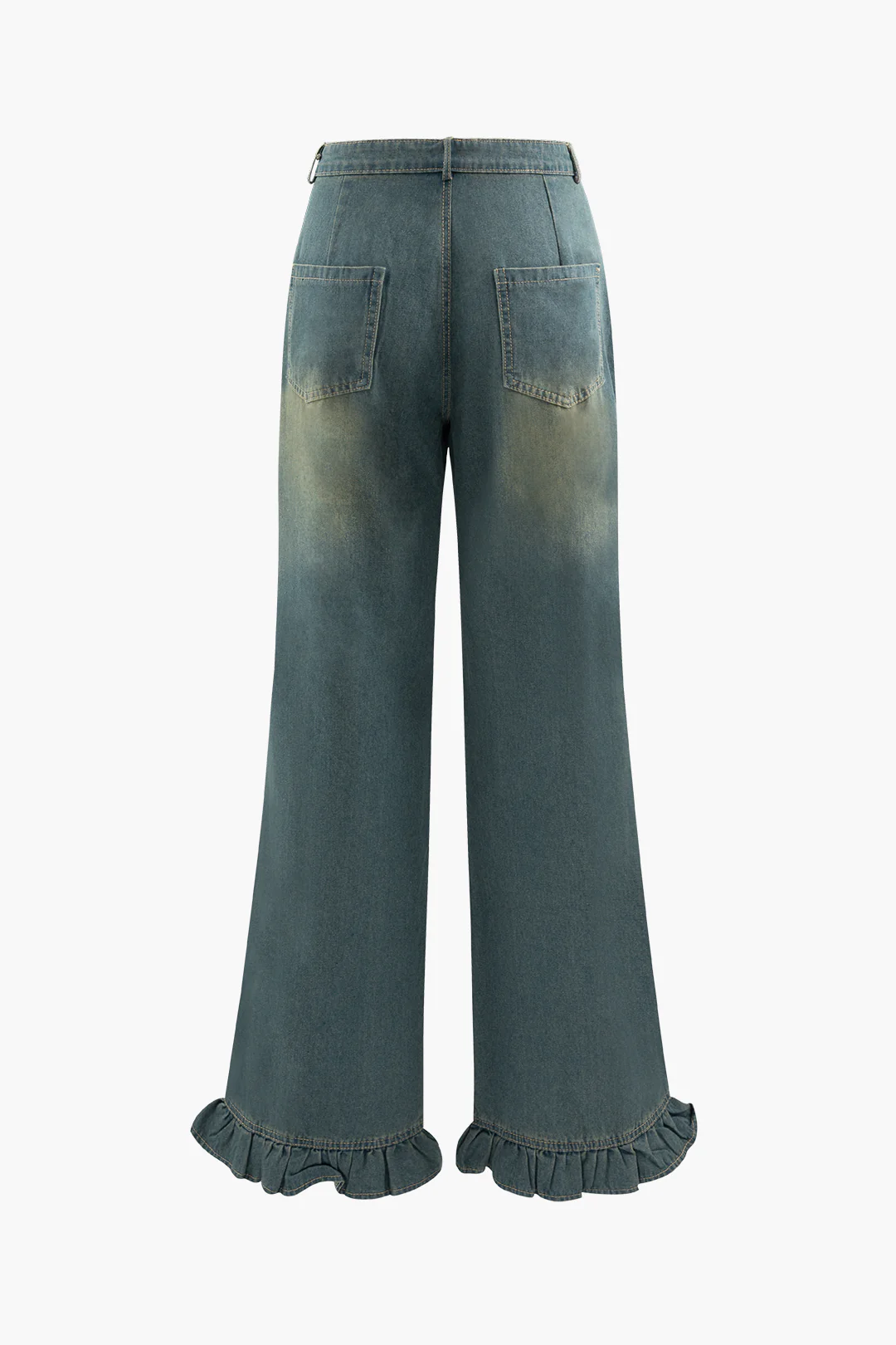 Denim Ruffle Hem Ruched Straight Wide-Leg Long Jeans - Weenar