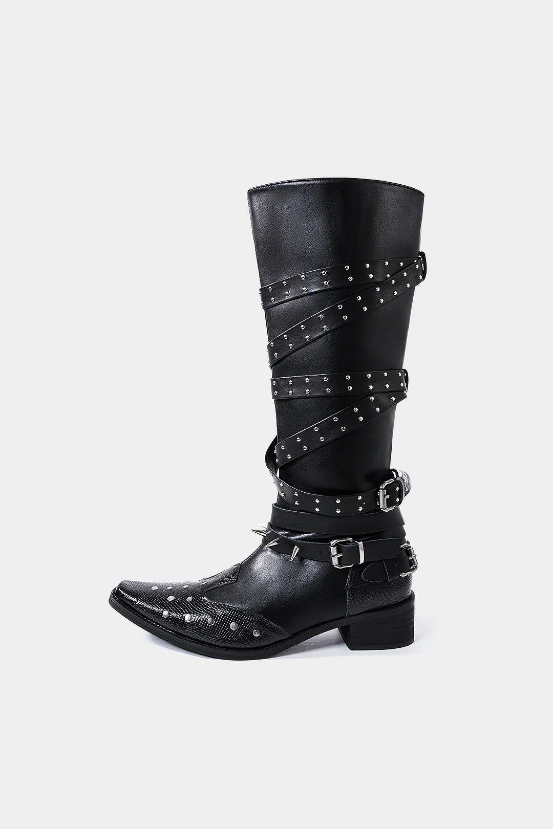 Leather Studded Pointed Toe Knee High Boots - Weenar