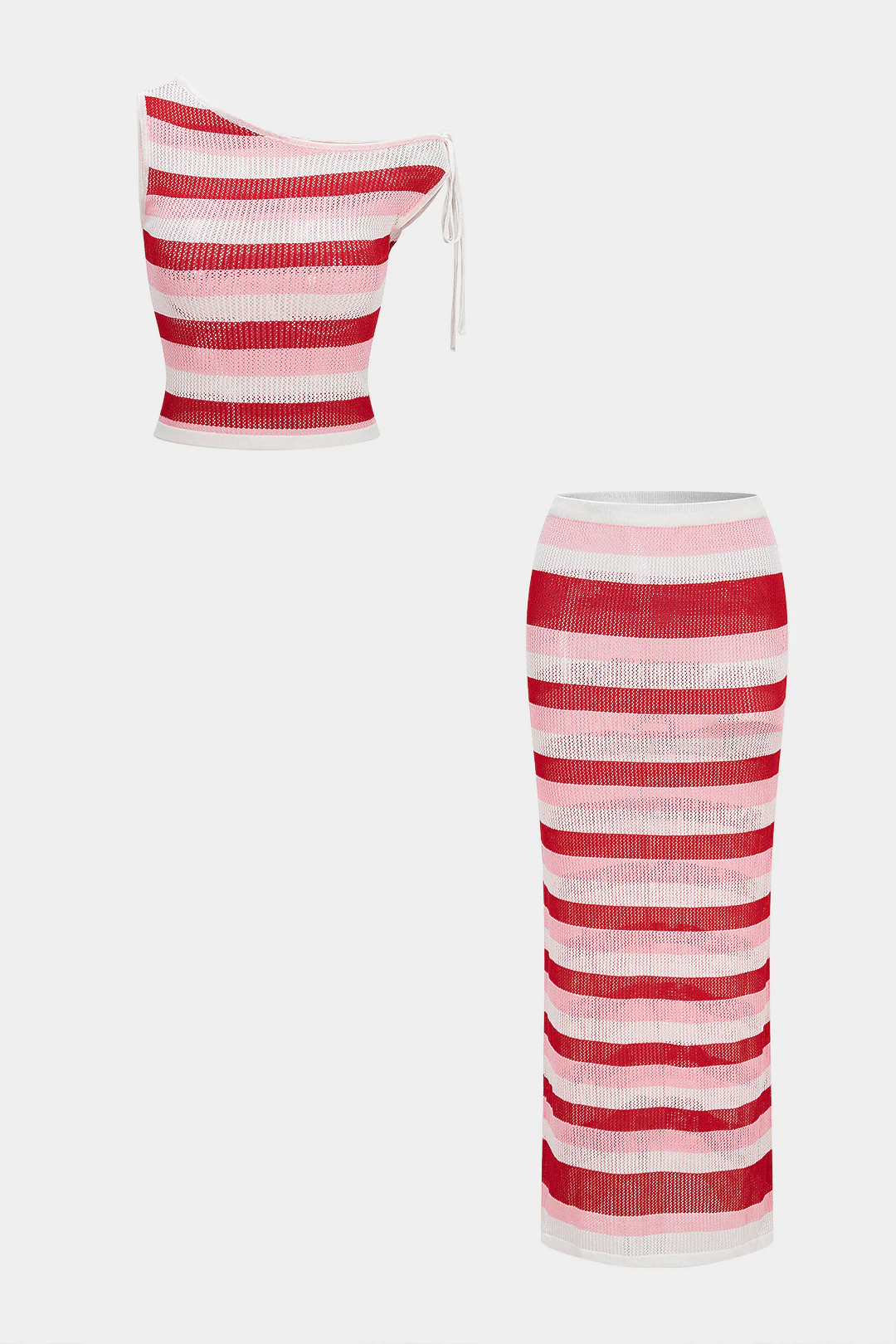 Contrast Stripes One Shoulder Tie-Up Cami Top And Skirt Set - Weenar