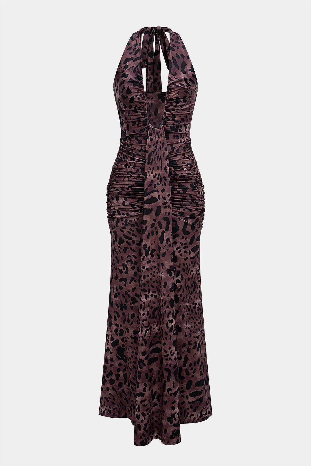 Leopard Print Halter Neck Backless Tie-Up Sleeveless Maxi Dress - Weenar