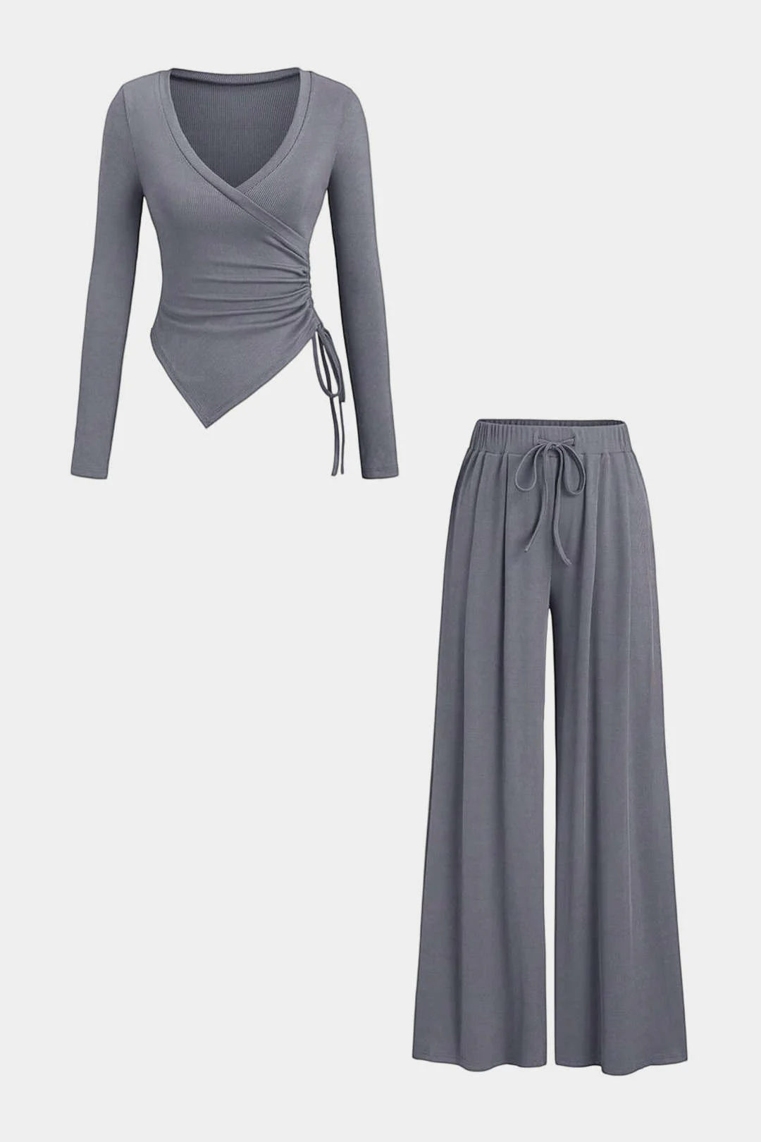 Drawstring V-Neck Ruched Long-Sleeve Top And Wide Leg Pants Set - Weenar