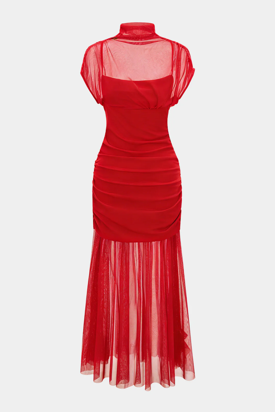 Mesh Patchwork Mock Neck Short-Sleeve Maxi Dress - Weenar