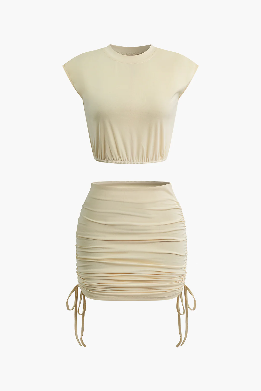 Solid Round Neck Ruched Sleeveless Top And Tie-Up Skirt Set - Weenar