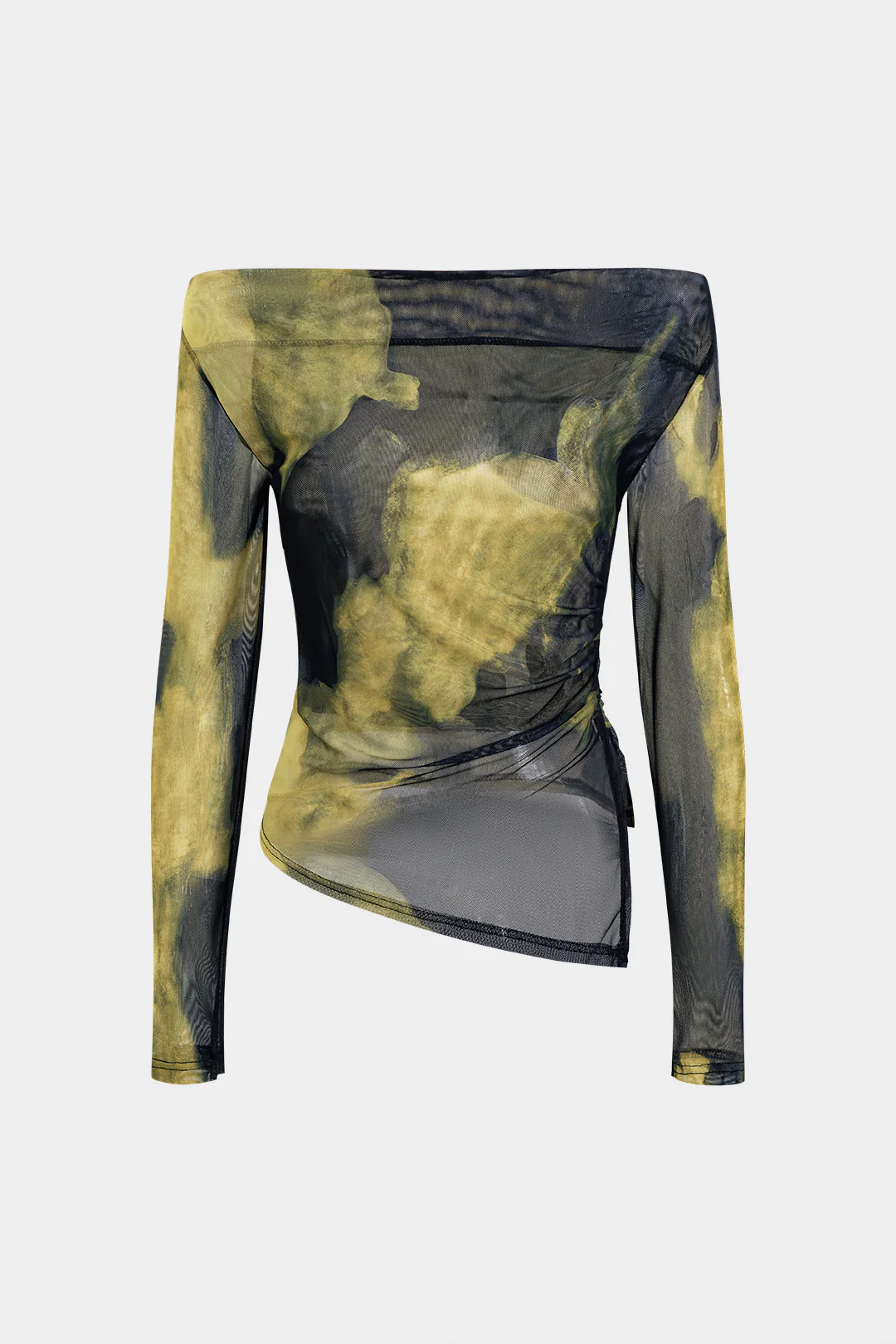 Mesh Tie Dye Print Off Shoulder Irregular Long-Sleeve Top - Weenar