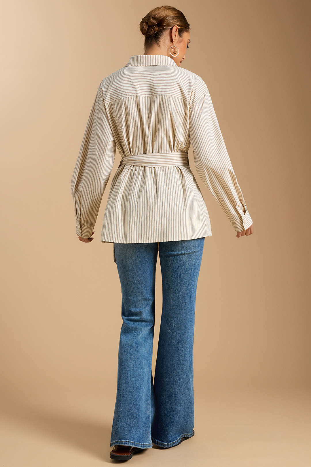 Stripes Print Button Ruched Long-Sleeve Shirt - Weenar