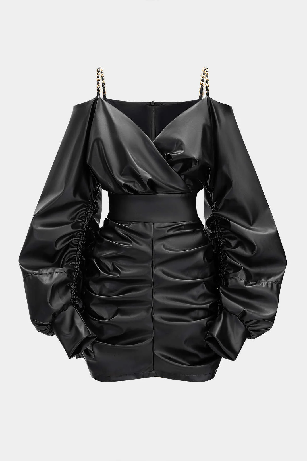Faux Leather Metallic Chain Crossed Ruched Long Sleeve Mini Dress - Weenar