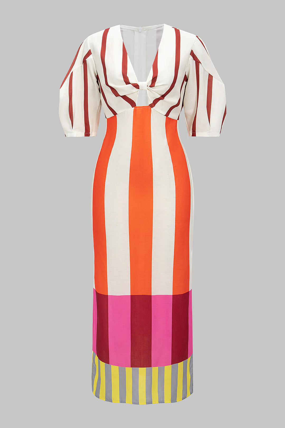 Stripes Print Linen Hollow Out Short Sleeve Midi Dress - Weenar
