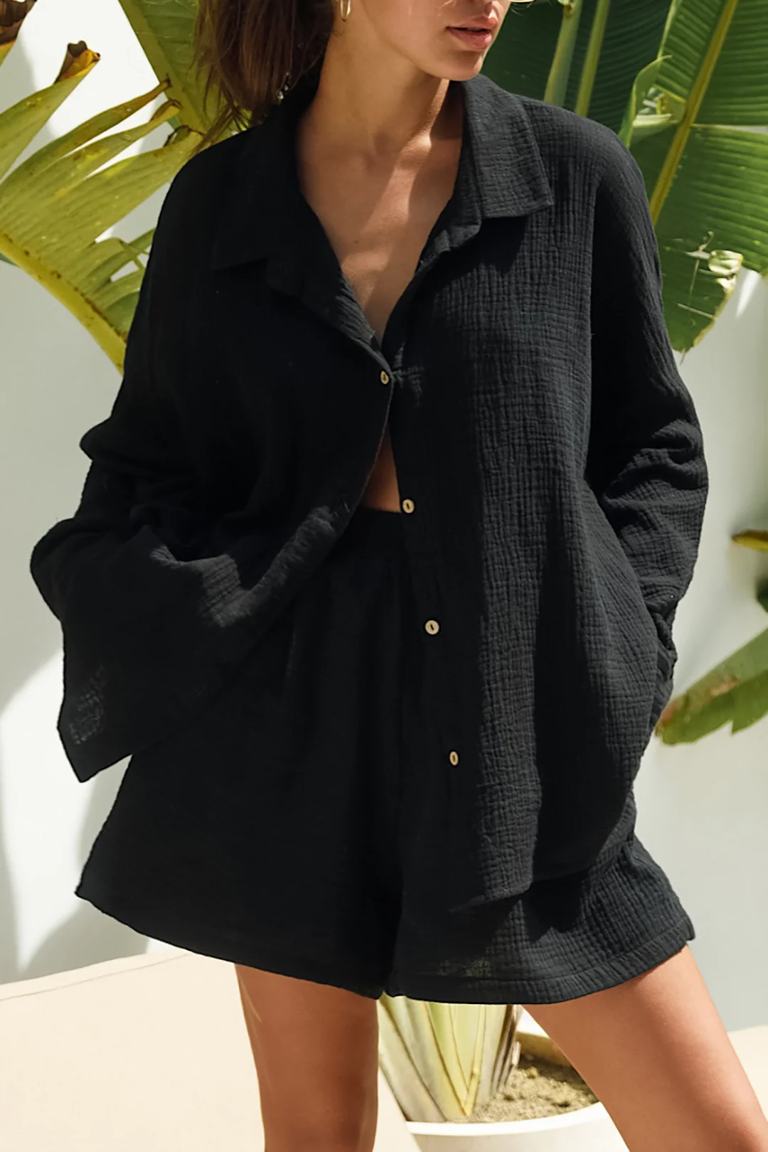 Button Long Sleeve Lapel Shirt And High Waist Wide Leg Shorts Set - Weenar