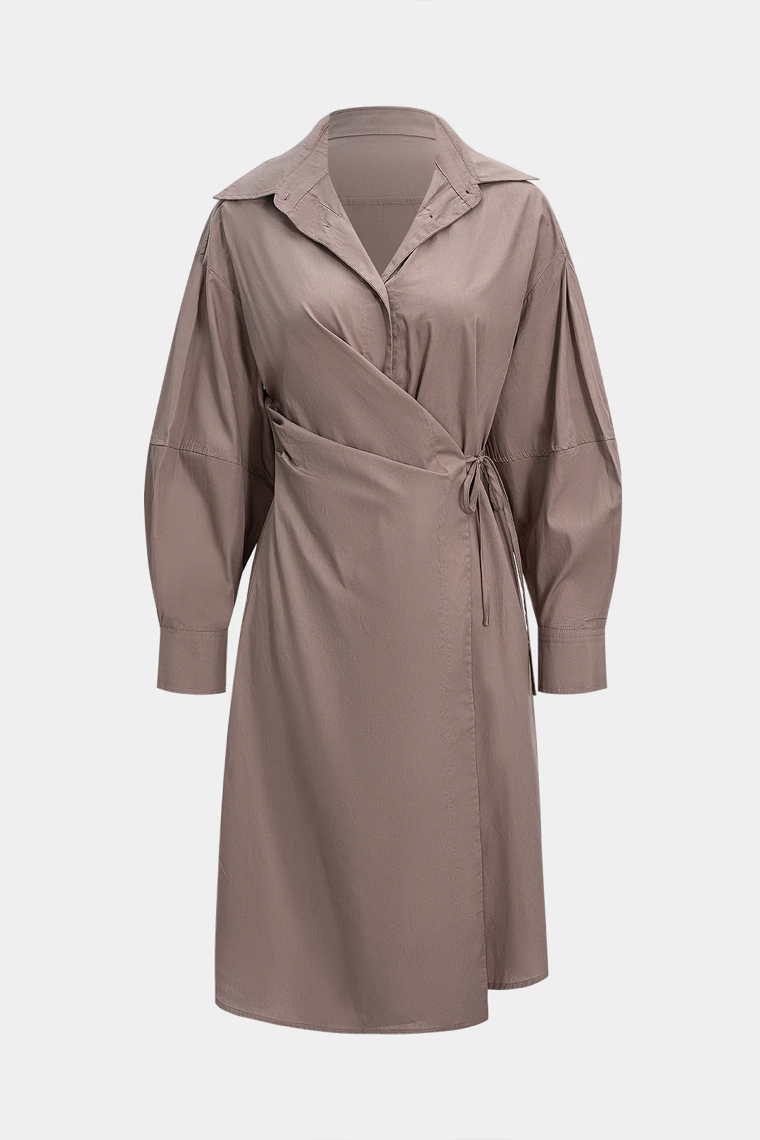 Button Tie-Up Asymmetrical Long Sleeve Midi Dress - Weenar
