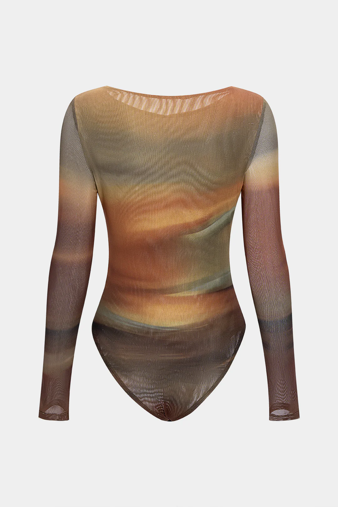 Ombre Print Mesh Ruched Boat Neck Long Sleeve Bodysuit - Weenar