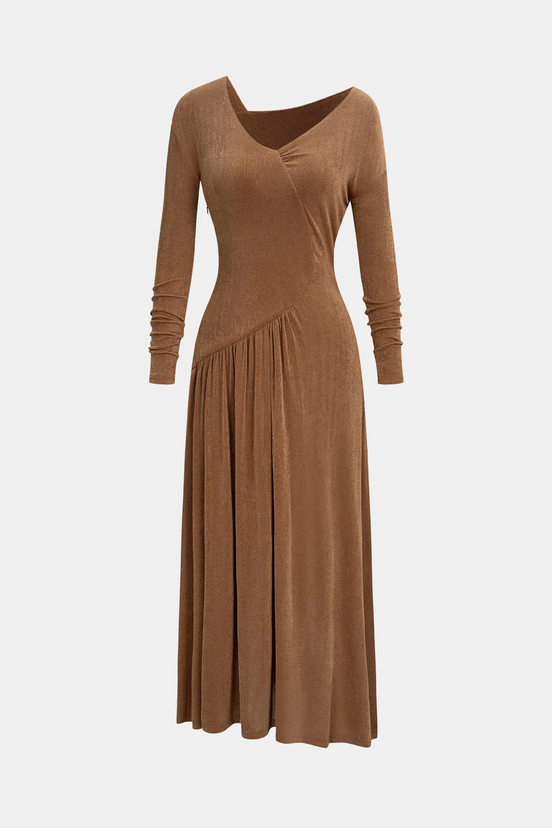 Asymmetrical Neck Long Sleeve Midi Dress - Weenar