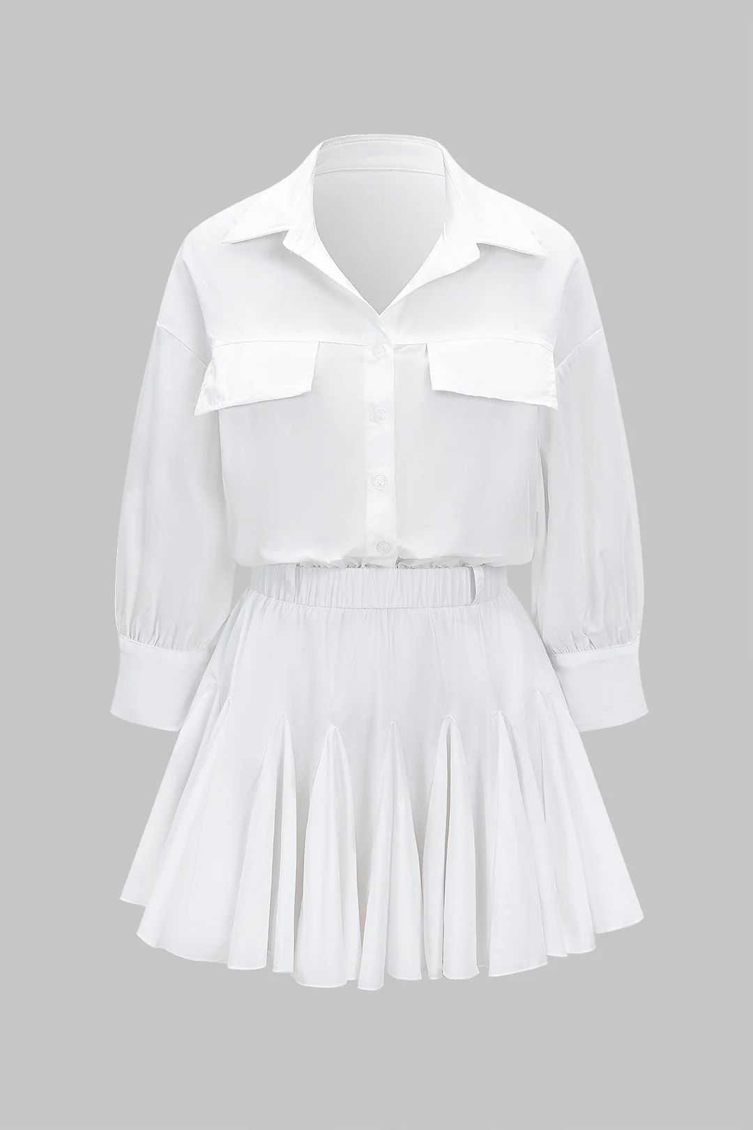 Solid Button Collared Long Sleeve Mini Dress - Weenar