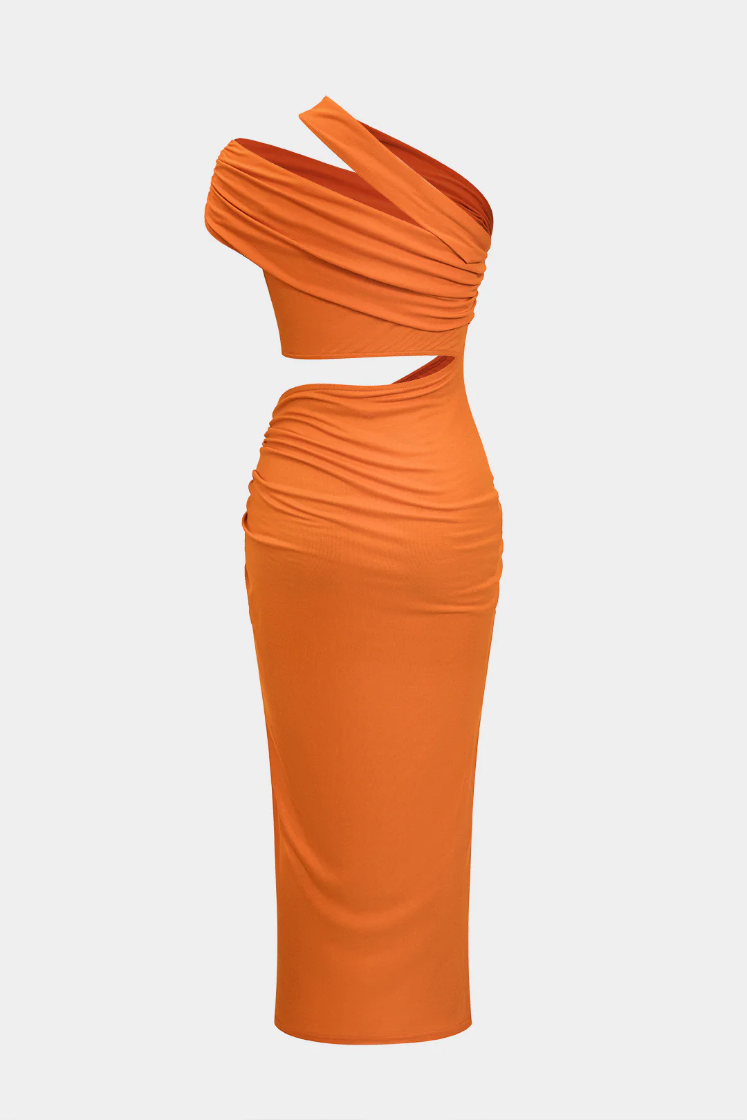 Ruched Asymmetrical Cut Out Slit Midi Dress - Weenar