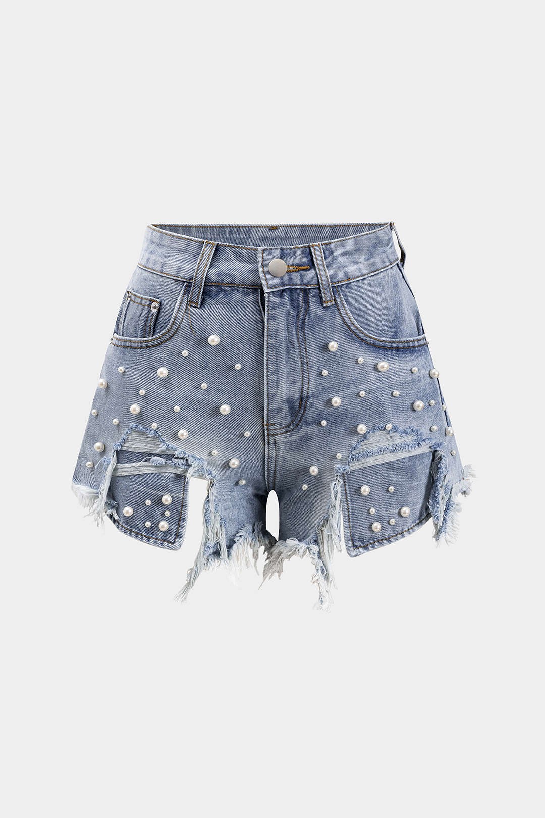 Denim High Waist Beaded Shorts - Weenar