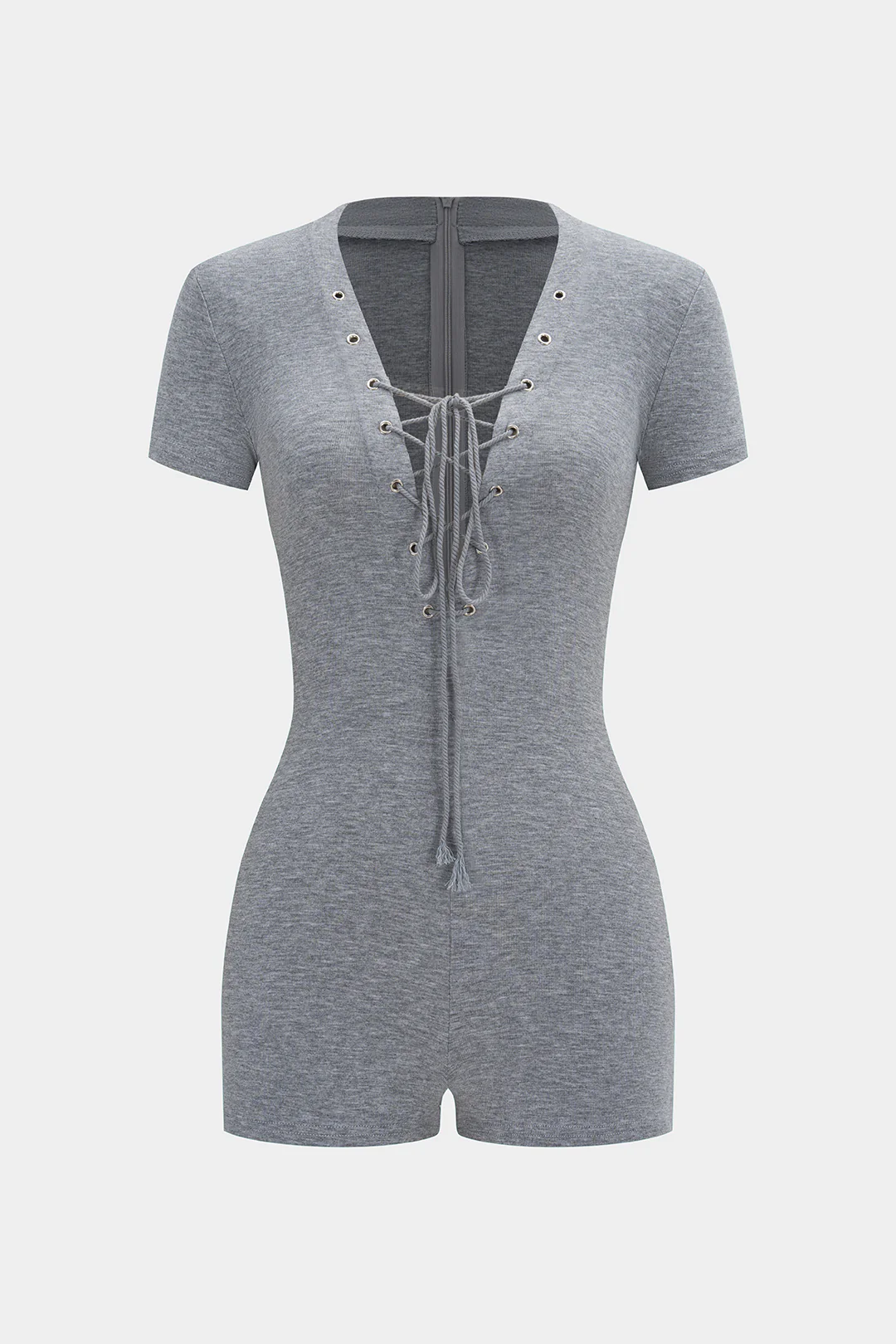 Zipper Strappy V-Neck Short Sleeve Romper - Weenar